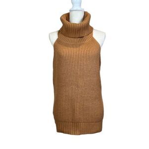 Nude Brand Open Back Cowl Neck Cable Knit Sweater Camel Size S/M